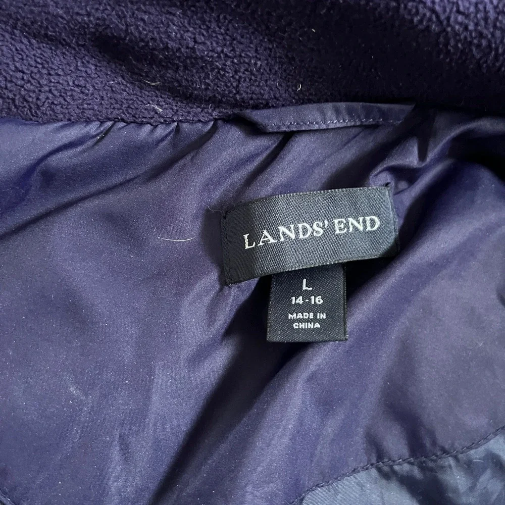 Lands End Women L Purple‎ Diamond Quilted Down Puffer Jacket Faux Fur Hood Lined